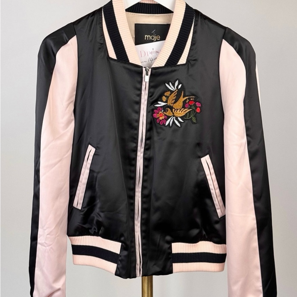 Maje Black and Pink Satin Bomber Jacket Size 36
